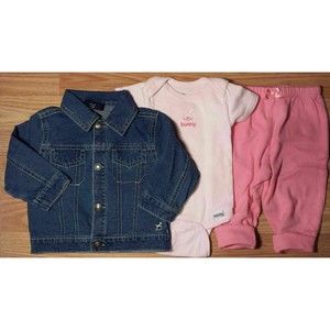 Girl's Size 6-9 M Months 3 Pc Blue Faded Glory Denim Jacket, Pink Pants & Top